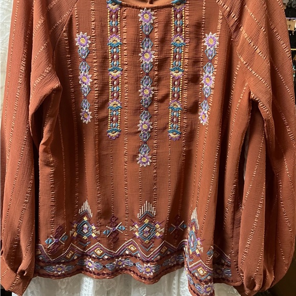 Savannah Jane Rust Tone on Tone Embroidered Boho Top Keyhole Back Sz M - Picture 2 of 6